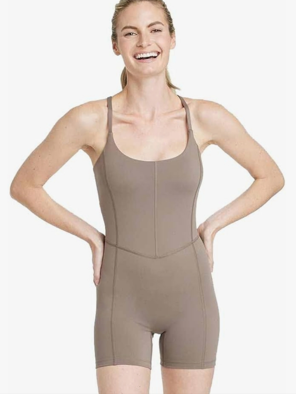 All In Motion Brushed Sculpt Short Bodysuit - (Taupe) Sizd Xs